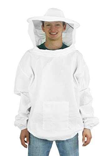 Flexzion Beekeeping Jacket Professional Bee Keeper Outfit Supplies Beginner & Commercial Premium Beekeeper Pull Over Suit Coat Outfit with Protective Veil Smock Hood for Bee Hive Kids L White 