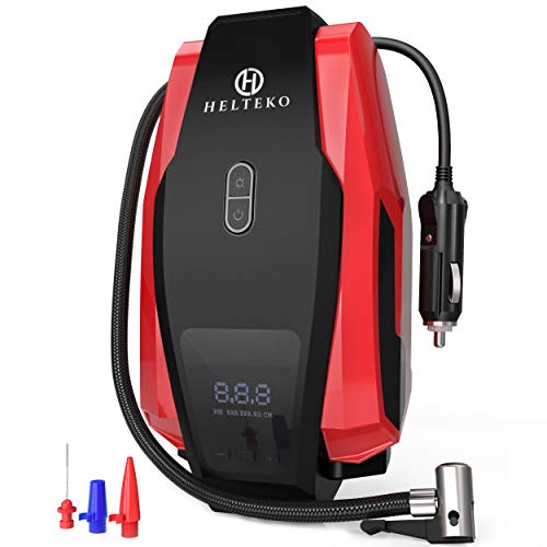 Helteko Portable Air Compressor Pump 150PSI 12V - Digital Tire Inflator - Auto Tire Pump with Emergency Led Lighting and Long Cable for Car - Bicycle - Motorcycle - Basketball and other