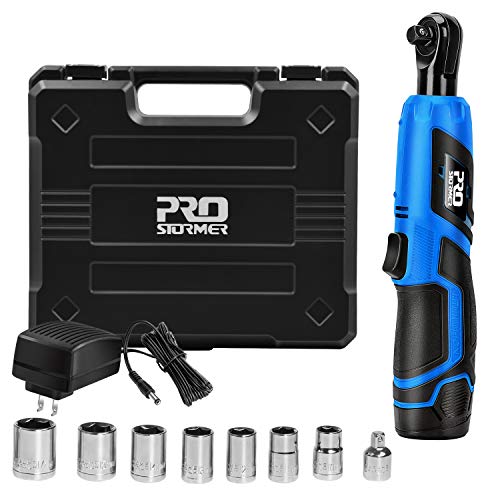 3/8" Cordless Ratchet Wrench Set, PROSTORMER 12V Electric Ratchet Tool Kit with 2000mAh Lithium-Ion Battery and Charger, 7-Piece Sockets and 1-Piece 1/4" Socket Adapter