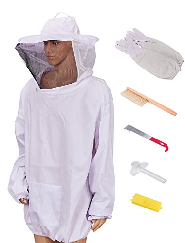Beekeeping Jacket with Veil Beekeeper Jacket and Veil with Gloves, Beehive Tools and Beehive Brush (XL)