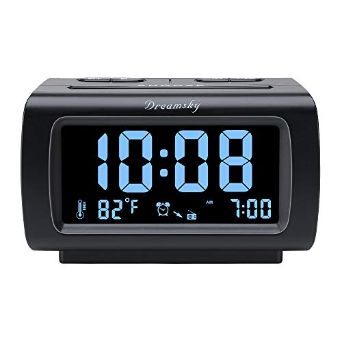 DreamSky Decent Alarm Clock Radio with FM Radio, USB Port for Charging, 1.2 Inch Blue Digit Display with Dimmer, Temperature Display, Snooze, Adjustable Alarm Volume, Sleep Timer.