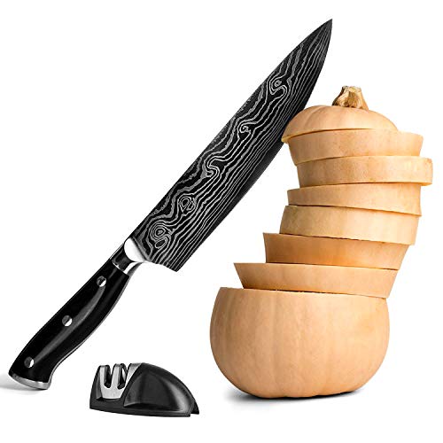 8 inch Chef Knife and Sharpener Set for Meat, Vegetables, Fish and Sushi: Cut and Slice with Precision. Ergonomic Handle, Ultra Sharp Stainless Steel Blade, Professional Kitchen Slicer