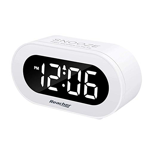 REACHER Small LED Digital Alarm Clock with Snooze, Simple to Operate, Full Range Brightness Dimmer, Adjustable Alarm Volume, Outlet Powered Compact Clock for Bedrooms, Bedside, Desk, Shelf(White)