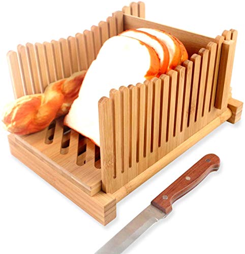 bread slicers for homemade bread, Bamboo Wood Foldable Bread Slicer Compact Thickness Adjustable Bread Slicing Guide with Crumb Catcher Tray for Homemade Bread, Loaf Cakes, Bagels