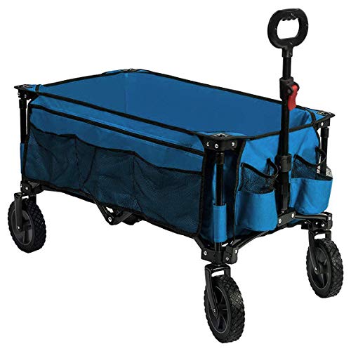 Timber Ridge Camping Wagon Folding Garden Cart Shopping Trolley Collapsible Heavy Duty Utility Use with Side Bag and Storage Bag, Blue-side bag