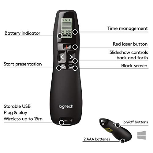 Logitech Professional Presenter R800, Wireless Presentation Clicker Remote with Green Laser Pointer and LCD Display