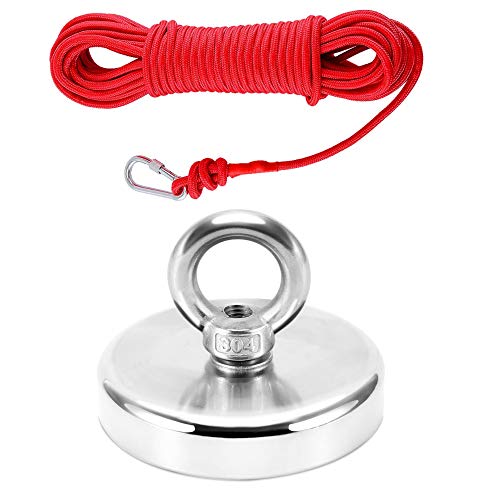 HGMAG 750 LBS Pulling Force Rare Earth Magnet, Super Strong Neodymium Fishing Magnets with 64 Feet Rope&Carabiner, Diameter 3.54 inch(90mm) for Magnetic Fishing and Retrieving in River (3.54" Dia)