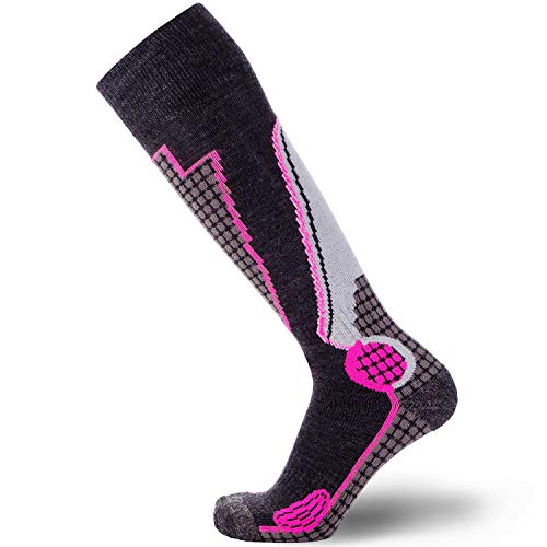 High Performance Wool Ski Socks – Outdoor Wool Skiing Socks, Snowboard Socks (Black/Grey/Neon Pink, Medium)
