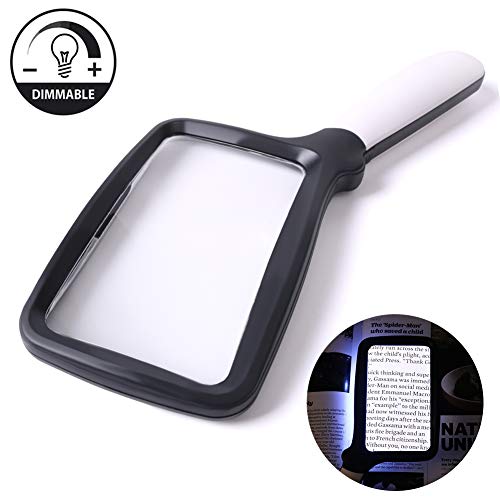 Large Hand Magnifying Glass Handheld Folding Reading Magnifier 3X Magnification with 5 Dimmable LEDs Ideal for Reading Small Prints, Book, Low Vision, Read Easily at Night
