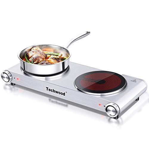 Techwood Electric Hot Plate Stove Countertop Double Burner Infrared Ceramic Double Cooktop 1800W (900W& 900W) With Adjustable Temperature Control Brushed Stainless Steel Easy To Clean Upgraded Version