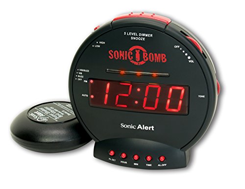 Sonic Bomb Dual Extra Loud Alarm Clock with Bed Shaker, Vibrating Alarm for Heavy Sleepers, Full Range Dimmer, Battery Backup – Black