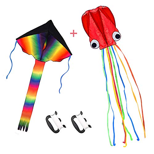 Listenman 2 Pack Kites - Large Rainbow Delta Kite and Red Mollusc Octopus with Long Colorful Tail for Children Outdoor Game,Activities,Beach Trip Great Gift to Kids Childhood Precious Memories