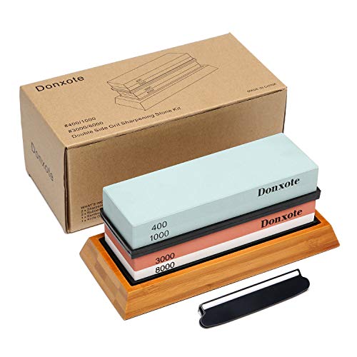 Donxote Knife Sharpening Stone, 400/1000 3000/8000 Double Side Grit Waterstone, Professional Chef Whetstone Sharpener, NonSlip Bamboo Base & Angle Guide