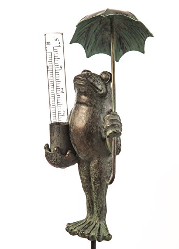 Evergreen Garden Decorative Polystone and Metal Frog Statue with a Glass Rain Gauge - 4" W x 4" D x 18" H