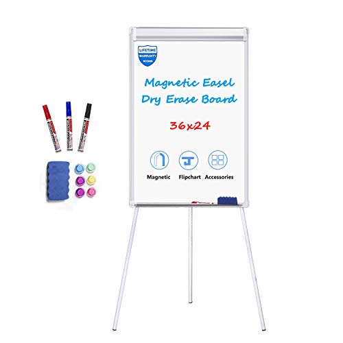 White Board Easel Stand Magnetic Whiteboard Flipchart Tripod Easel Height Adjustable Dry Erase Board with 1 Eraser, 3 Markers, 6 Magnets, 24x36 inches, Silver