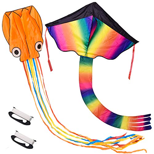 FUN LITTLE TOYS Rainbow and Octopus Kites for Kids and Adults, Kids Outdoor Toys for Outdoor Games and Activities, Pack of 2