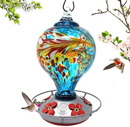 Grateful Gnome - Hummingbird Feeder - Hand Blown Glass - Blue Egg with Flowers - 36 Fluid Ounces