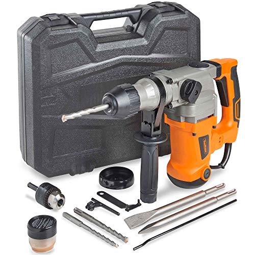 VonHaus Rotary Hammer Drill 10 Amp with Vibration Control, 3 Drill Functions and Adjustable Handle - Includes SDS Plus Drill Demolition Kit, Flat and Point Chisels with Case