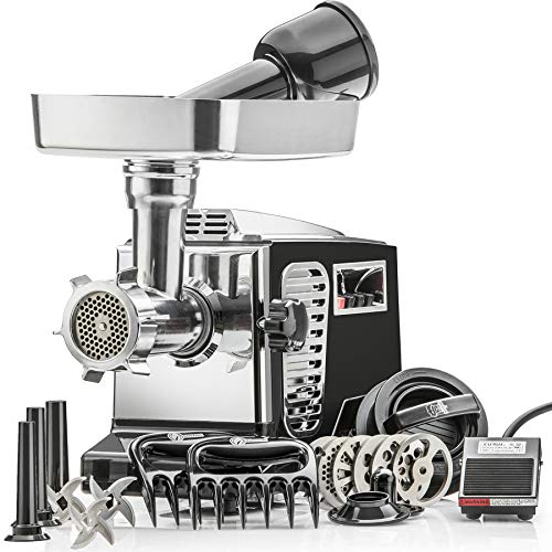 STX Turboforce II"Platinum" w/Foot Pedal Heavy Duty Electric Meat Grinder & Sausage Stuffer: 6 Grinding Plates, 3 S/S Blades, 3 Sausage Tubes, Kubbe, 2 Meat Claws, Burger-Slider Patty Maker - Black