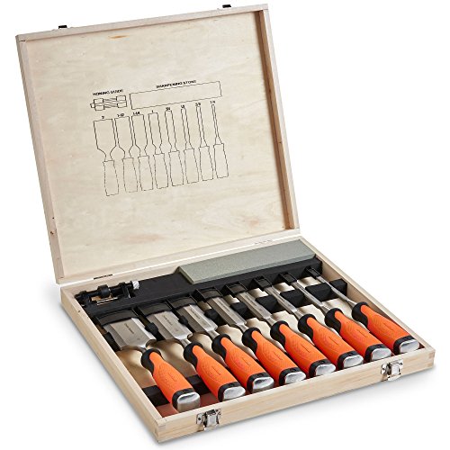 VonHaus 10 pc Premium Chisel Set for Woodworking with Honing Guide, Sharpening Stone and Wooden Storage Case