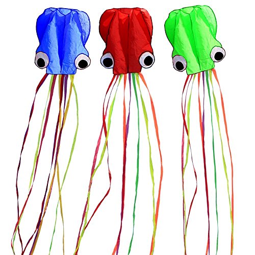 Hengda kite-Pack 3 Colors(Red&Green&Blue) Beautiful Large Easy Flyer Kite for Kids-Software Octopus-It's Big! 31 Inches Wide with Long Tail 157 Inches Long-Perfect for Beach or Park