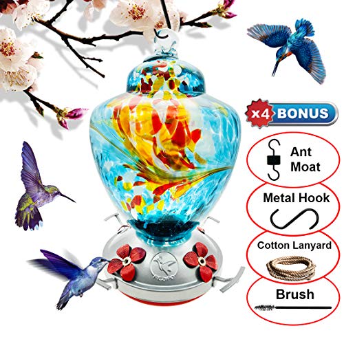 REZIPO Hummingbird Feeder with Perch - Hand Blown Glass - Blue - 38 Fluid Ounces Hummingbird Nectar Capacity Include Hanging Wires and Moat Hook