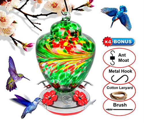 REZIPO Hummingbird Feeder with Perch - Hand Blown Glass - Red - 38 Fluid Ounces Hummingbird Nectar Capacity Include Hanging Wires and Moat Hook (Dark Green)