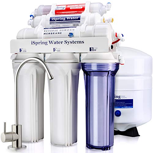 iSpring RCC7AK 6-Stage Superb Taste High Capacity Under Sink Reverse Osmosis Drinking Water Filter System with Alkaline Remineralization-Natural pH, White