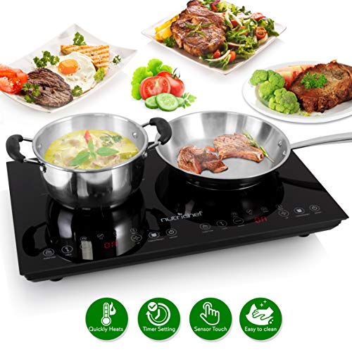 Double Induction Cooktop - Portable 120V Portable Digital Ceramic Dual Burner w/ Kids Safety Lock - Works with Flat Cast Iron Pan,1800 Watt,Touch Sensor Control, 12 Controls - NutriChef PKSTIND48
