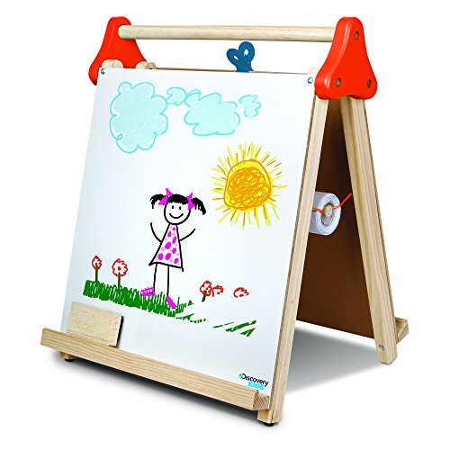 Discovery Kids 3-in-1 Tabletop Dry Erase Chalkboard Painting Art Easel, Includes Paper Roll and Oversized Clip, 17 x 15 Inch Wood Frame, Perfect for Children 3+ | Foldable/Portable for Countertop Play