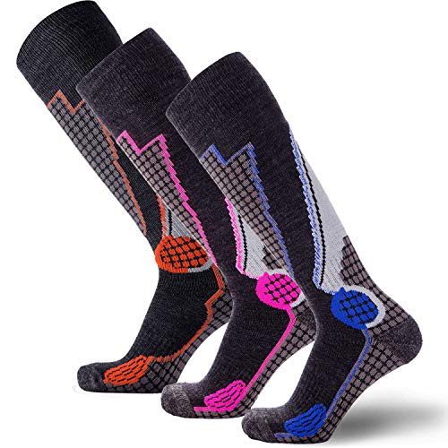 High Performance Wool Ski Socks – Outdoor Wool Skiing Socks, Snowboard Socks (Black-Grey/Blue/Neon-Pink/Orange - 3 Pack, Small)