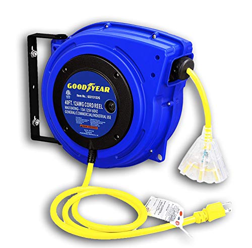 Goodyear Extension Cord Reel Heavy Duty, 40 ft, 12AWG/3C SJTOW, Triple Tap with LED Lighted Connector
