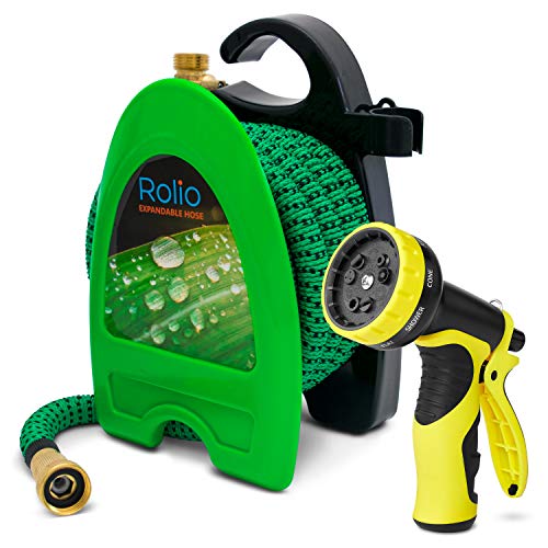 Rolio Expandable Garden Hose with Hose Reel - 50 FT Garden Hose with 9 Function Spray Nozzle Included, 3/4" Solid Brass Fittings, No Kinks