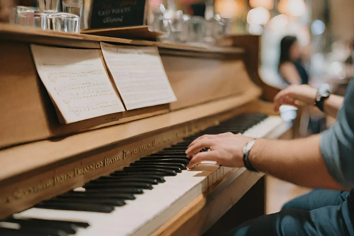 Guy playing piano in a bar after requesting piano bar song